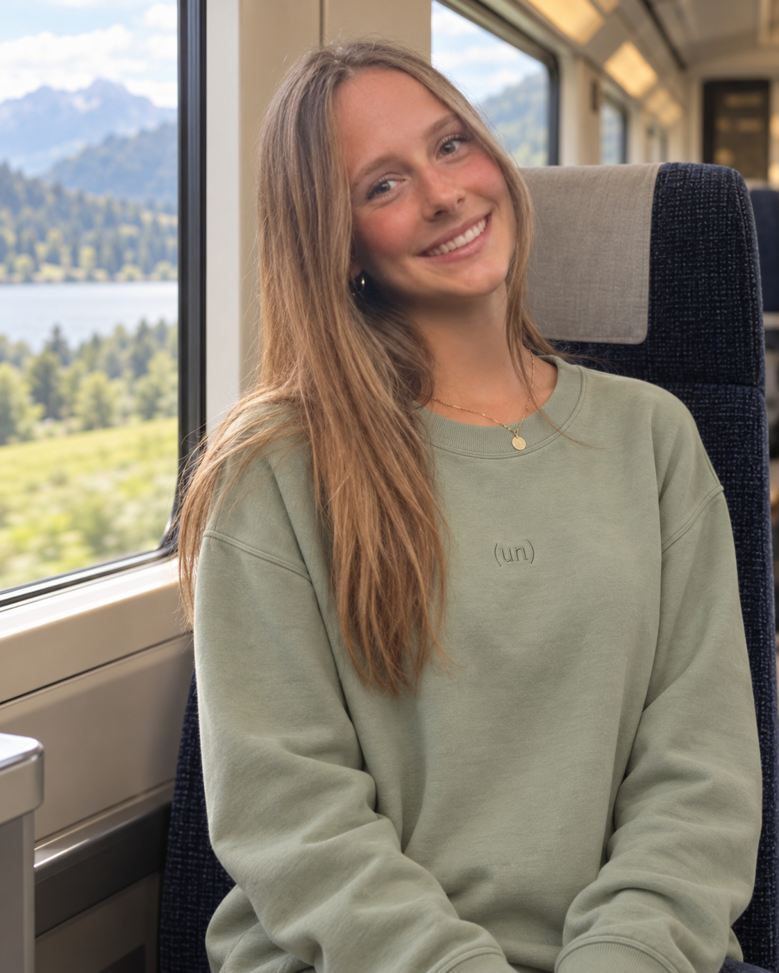 Clara Meccage beside a train window in the sage (un)comfy crew