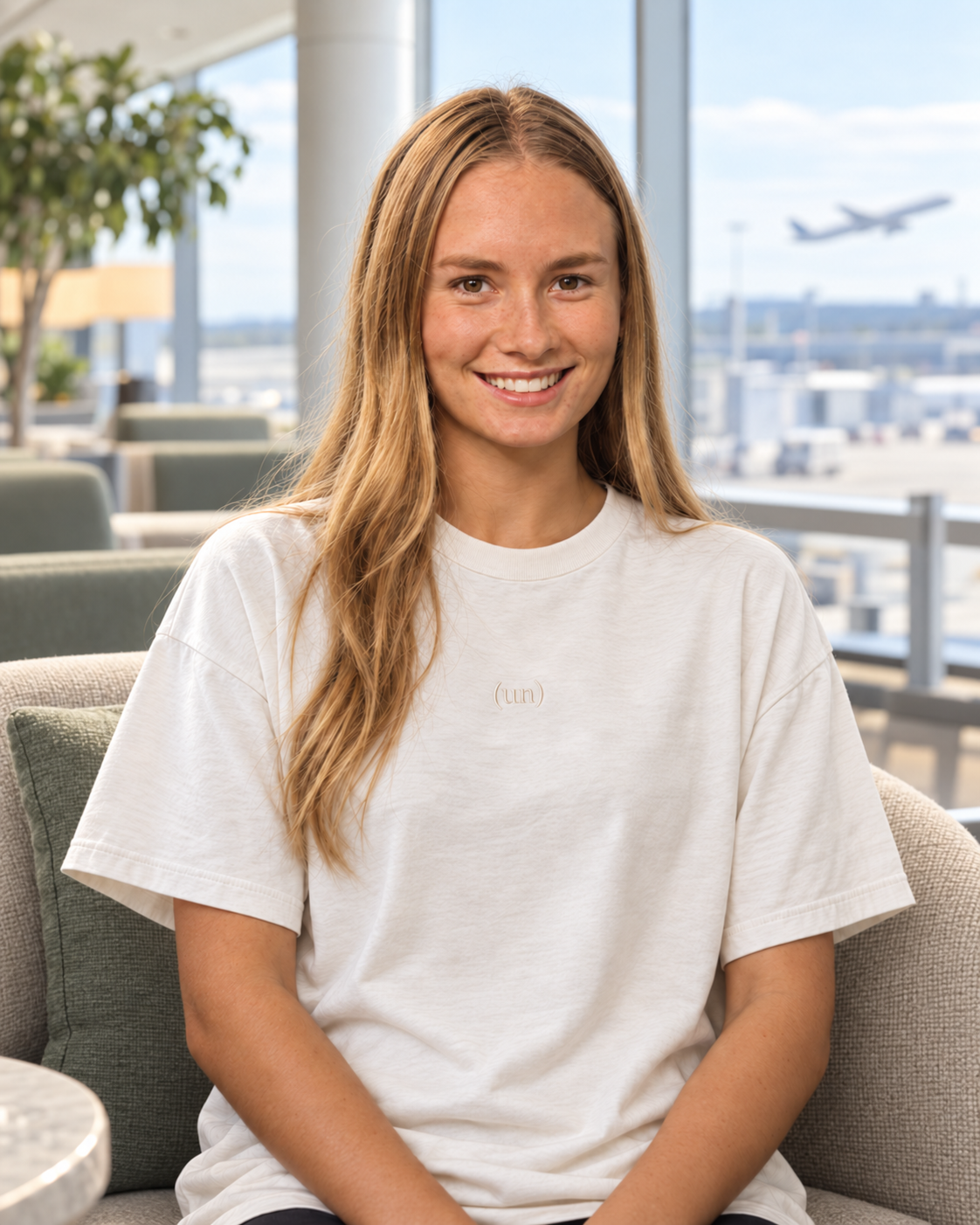 Jaelyn Meccage in an airy airport lounge wearing the bone (un)comfy tee